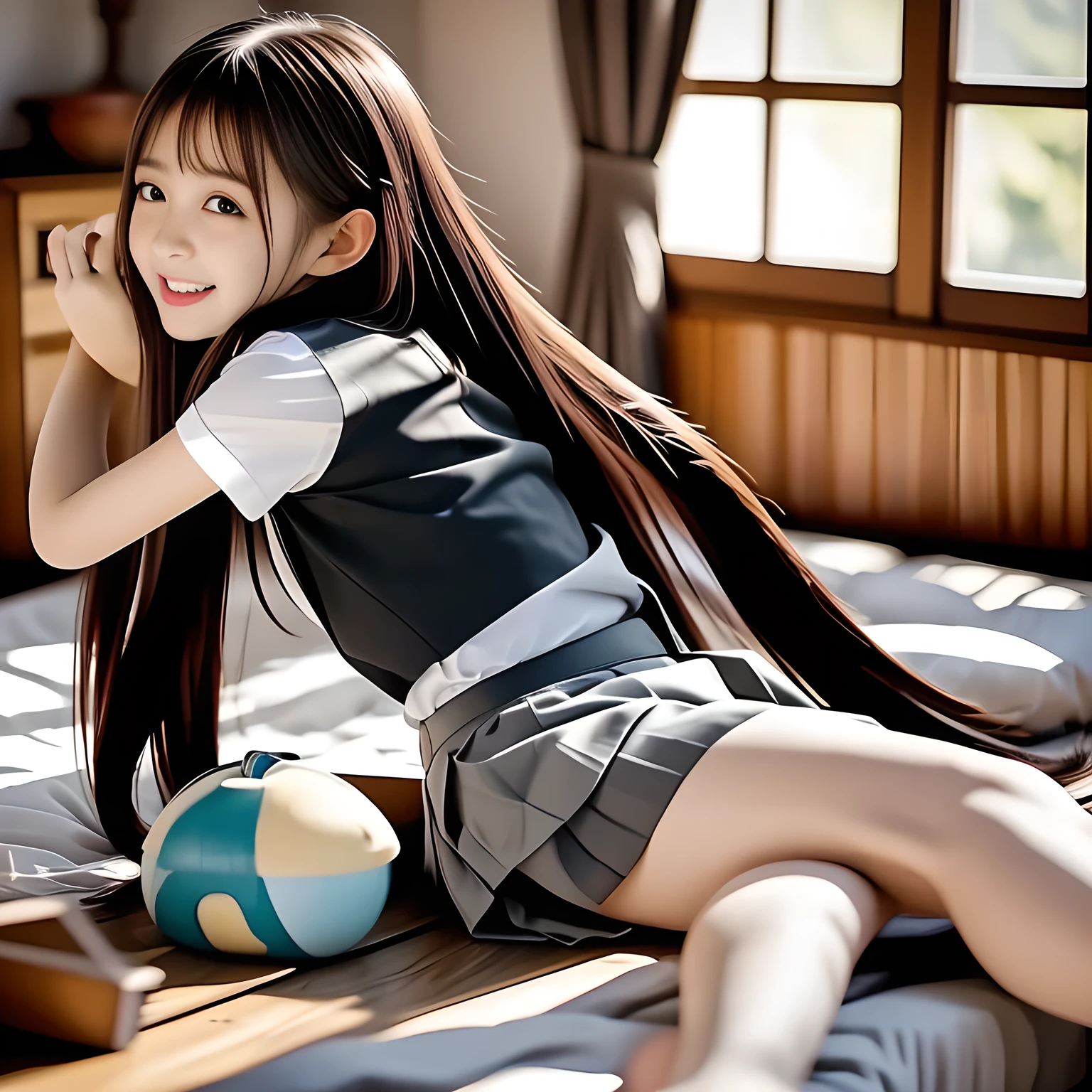 (highest quality, masterpiece, high resolution:1.2), 4K, (Photo quality detailed face: 1.4), (Giorgione painting style: 0.8), geometry, (16 yo cute girly Japanese girl is showing her back of skirt and turning her face to me: 1.6), (She is laying her whole body in a prone position on a gorgeous bed: 1.6), (Beautiful shining white legs: 1.0), (Can't stop Laughing at me cutely: 1.0), Laying on the bed in a prone position, (neat girly white short-sleeves school blouse: 1.0), (puffed short sleeves: 1.0), (Dark red glossy school ribbon on the breast: 1.0), (Gray Japanese school girly vest Uniform: 1.2), (Box-pleated gray short school skirt is very cute: 1.6), (Extremely laughing cheeks: 1.0), (Beautiful light-amber cute-dolly large clear eyes with detailed cutely: 1.4), (Long bottom eyelashes: 1.2), (Expressing the greatest joy with her whole body: 1.2), (Glossy lips: 1.0), (Super-straight super-long hair: 1.5), (white and clear skin: 1.0), (Promoting Shampoo: 1.2)