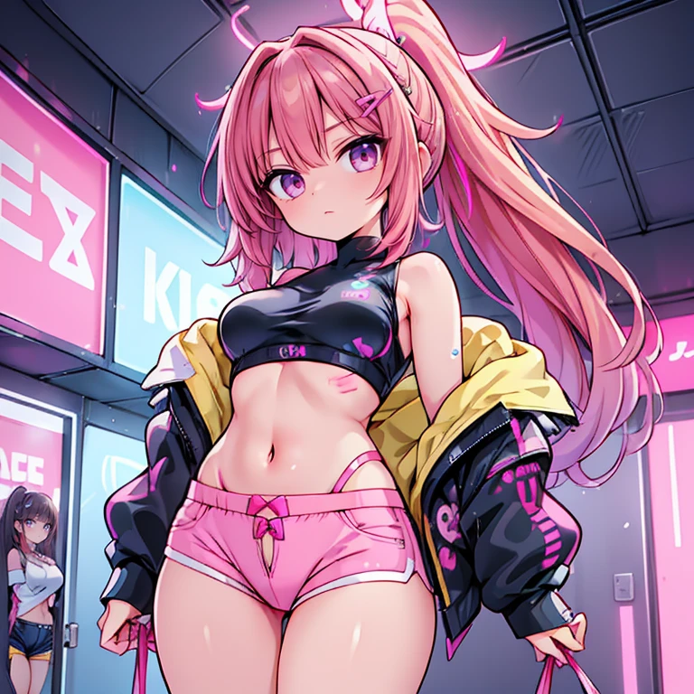 Anime Kawaii sexy Perfect Slim sensual body large breast and huge thighs, An intricate and highly detailed illustration of anime (Young girl)  ((Masterpiece)), best quality, absurderes, ultra detailed, holographic, cowboy shot, golden ratio, super cute girl, mature girl, idol girl, super beautiful asian girl with very beautiful violet glowing eyes, beautiful glowing brown multicolored hair, high ponytail, nice and sexy body, slim body, perfect body, an anime printed super tight off shoulder long sleeve crop top, wearing super tight anime print micro shorts, a super aesthetic transparent mini jacket, beautiful hair ornament, pink jordan tennis, being photographed in a mall shop,( undressing, taking off micro shorts, showing neon pink panties, showing thong: 1.5)