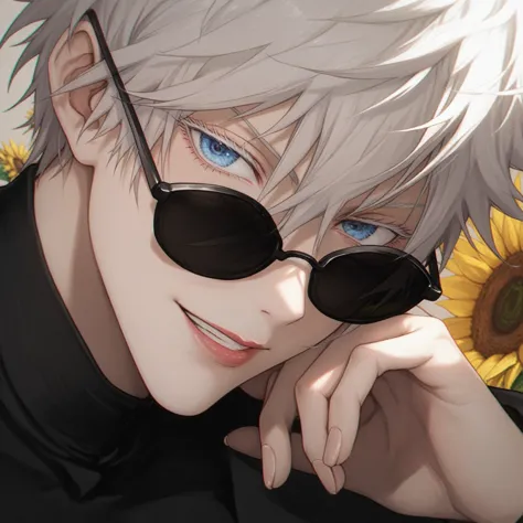 photorealistic, anime girl with sunglasses and sunflowers in the background, gojo satoru, gojo satoru, satoru gojo portrait, bes...