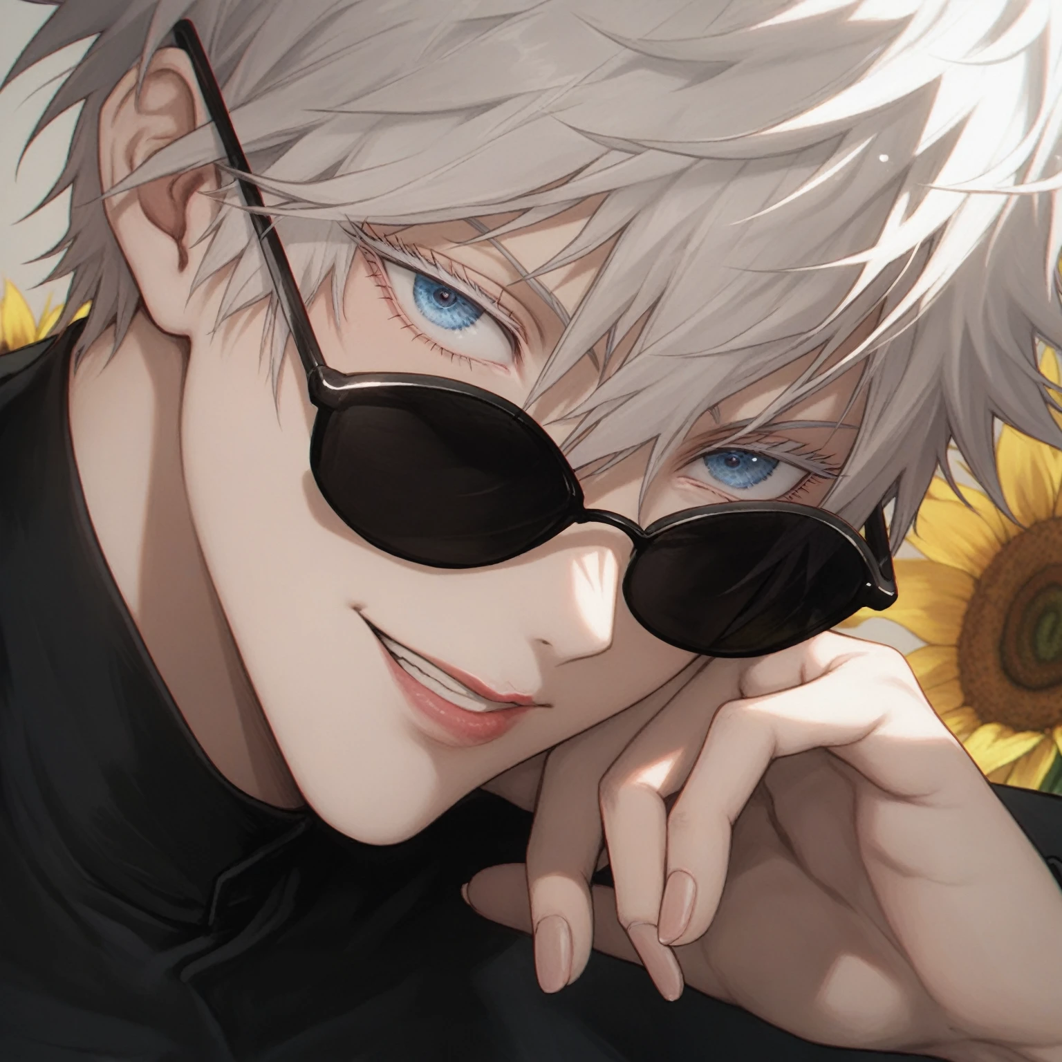 photorealistic, anime girl with sunglasses and sunflowers in the background, Gojo Satoru, gojo satoru, Satoru gojo portrait, best anime 4k konachan wallpaper, tall anime girl with blue eyes, detailed anime character art, 4 k manga wallpaper, high quality fanart, high quality anime artstyle, A close-up of a girl wearing a black turtleneck uniform, Satoru Gojo, Satoru Gojo female version, a girl with long, wavy white hair, bright blue eyes like Satoru Gojo from Jujutsu Kaisen, wearing thin-framed black sunglasses round shape, lipgloss, powerful, sensual, looking towards the viewer, big hair (white), white eyelashes, light blue eyes, detailed eyes, long hair, wavy hair, feminine features, fine details.