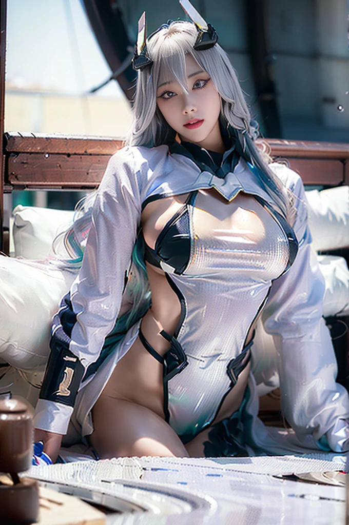 Super Detail, High Detail, high quality, best quality, High resolution，a female robot，Beautiful female robot,beautiful clear face(Rain waves_haneame：1.5)，mechanical body(whole body machinery，body curve，Large size chest，Kearsarge (azur lane))，mechanical body suit,Silver hair