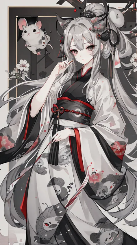 chinchilla，gray long hair，black eyes，gray hanfu with rat pattern decoration