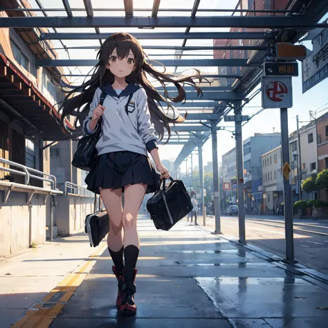 long haired anime girl walking on train platform, kantai collection style, railgun, konpeki no kantai, kantai collection arcade,...