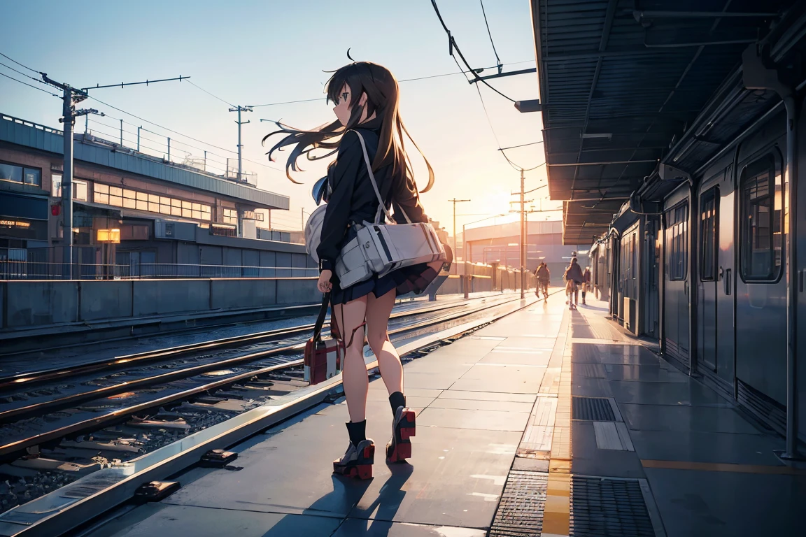 Long haired anime girl walking on train platform, Kantai Collection Style, Railgun, konpeki no kantai, Kantai Collection Arcade, Kantai Collection, Makoto Shinkai style, Cute anime visuals, Makoto Shinkai&#39;s art style, Beautiful anime school girl, Anime Style 4k, Official artwork, shinkai makoto