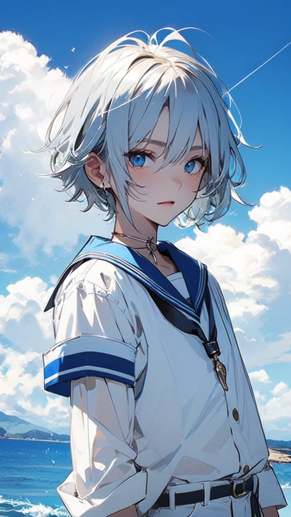 Beautiful young man,Silver Hair,short hair,blue eyes,White shirt,Blue slacks,Sailor collar,Resort,Blue sky,Blinking Light,summer,Marine Style