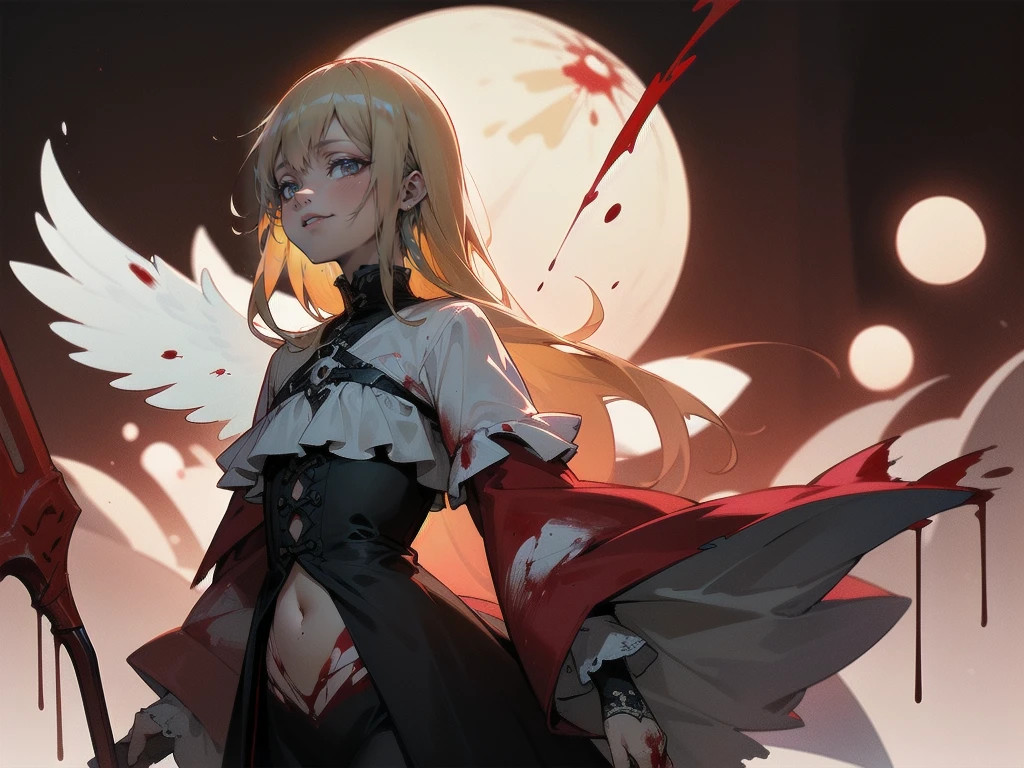 .(Highest quality,4K,High resolution,masterpiece:1.2),Very detailed,Realistic:1.37,Spooky altar background,Dark fantasy,Red color scheme,Ominous atmosphere,Eye-catching,Storytelling,anatomy,Anime Style,Concept Art,beautiful細部までこだわった顔と (((Red eyes ))),A terrifying ritual ,Satanic Ritual,Premature death,inappropriate behavior,クレイジーなsmile,Scythe Face,Girl Monster, beautiful, Delicate facial features, Sharp Eye, Sharp Fangs, pale skin, Thick chain, Dark Background, Cinema Lighting, Dramatic Shadows, Gothic style, Gloomy atmosphere, Dark fantasy, One Girl, Please open your mouth wide, Open your mouth and baring your teeth,Sharp teeth like a beast, Wide lips, very wide mouth, Vermilion cheeks, ,(Blood splatter:1.4),Scary smile, smile,Angel Design, Twisted smile、Bloody、bleeding from the head,,,,,、Blood splatter、,(Blood splatter:1.4),skull,Horrorスタイル, ((Fantasy Sweet Ta Frill Pink Costume)), ((Flowing blonde hair)), ,(Blood splatter:1.4),Female curves, Sexy flat stomach, Perfect hands, Perfect anime face, (Pink Tata Dress)), Are standing, ((邪悪なsmile)), ,(Blood splatter:1.4), Steam circulates, Moonlight Illumination, night lighting, (Blood splatter:1.6),アニメAngel Design, Twisted smile、Bloody、bleeding from the head,,,,,、Blood splatter、,(Blood splatter:1.4), skull,Gothic architecture、Western architecture、Fantasy World、,Victorian cities, Skeleton Gas Light,Absurd, High resolution、 ((Tabletop)), ((Highest quality)), (Very detailedな), ((Very detailed)), (beautiful), ((pretty girl)), (NFSW:1.8), alone,(10 years old:1.6)、(world&#39;The most terrifying and creepy demon 女の子:1.5)beautiful face、Whole Body Ezbian、pale, beautiful肌、beautiful金の髪、Smiling Kindly、Dark building ruins、(snow white&#39;Frill dress:1.3)、(The dark ruins are stained with blood:1.3)、Low angle full body shot、(少女は血の海の中にAre standing:1.5)、(The ground is full of blood:1.3)、(The  lost a lot of blood...:1.3)、(クレイジーなsmile:1.6)、Spirits、(Blood dripping from the mouth:1.3)、Neo-goth style, Wearing a black dress and a white collar, Wearing a black hat、wearing heavy makeup, Standing in a mystical garden surrounded by vines. The garden is full of deep purple flowers.、背景のGothic architecture。. &#39;The hair is golden、、A red rose is pinned to the side。. Her eyes are sharp、It&#39;Like being stabbed., Thick black eyeliner and long lashes. 彼女は顔色がpale.、Her lips are bright red.. The atmosphere is gloomy and eerie, with dim lighting casting long shadows. This piece combines digital illustration and photography..., outcome、驚くほどHigh resolutionの画像が生まれました. Most of the colors are dark、I&#39;Calm, Deep reds and purples create a dark beauty.. The style is neo-Gothic., Horror, Portrait Photography, Create unique and compelling visual experiences.Dark Imagery
