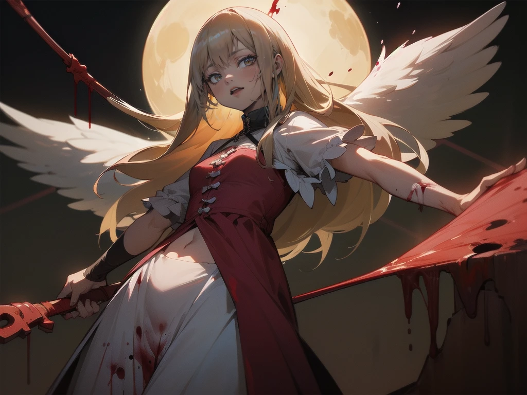 .(Highest quality,4K,High resolution,masterpiece:1.2),Very detailed,Realistic:1.37,Spooky altar background,Dark fantasy,Red color scheme,Ominous atmosphere,Eye-catching,Storytelling,anatomy,Anime Style,Concept Art,beautiful細部までこだわった顔と (((Red eyes ))),A terrifying ritual ,Satanic Ritual,Premature death,inappropriate behavior,クレイジーなsmile,Scythe Face,Girl Monster, beautiful, Delicate facial features, Sharp Eye, Sharp Fangs, pale skin, Thick chain, Dark Background, Cinema Lighting, Dramatic Shadows, Gothic style, Gloomy atmosphere, Dark fantasy, One Girl, Please open your mouth wide, Open your mouth and baring your teeth,Sharp teeth like a beast, Wide lips, very wide mouth, Vermilion cheeks, ,(Blood splatter:1.4),Scary smile, smile,Angel Design, Twisted smile、Bloody、bleeding from the head,,,,,、Blood splatter、,(Blood splatter:1.4),skull,Horrorスタイル, ((Fantasy Sweet Ta Frill Pink Costume)), ((Flowing blonde hair)), ,(Blood splatter:1.4),Female curves, Sexy flat stomach, Perfect hands, Perfect anime face, (Pink Tata Dress)), Are standing, ((邪悪なsmile)), ,(Blood splatter:1.4), Steam circulates, Moonlight Illumination, night lighting, (Blood splatter:1.6),アニメAngel Design, Twisted smile、Bloody、bleeding from the head,,,,,、Blood splatter、,(Blood splatter:1.4), skull,Gothic architecture、Western architecture、Fantasy World、,Victorian cities, Skeleton Gas Light,Absurd, High resolution、 ((Tabletop)), ((Highest quality)), (Very detailedな), ((Very detailed)), (beautiful), ((pretty girl)), (NFSW:1.8), alone,(10 years old:1.6)、(world&#39;The most terrifying and creepy demon :1.5)beautiful face、Whole Body Ezbian、pale, beautiful肌、beautiful金の髪、Smiling Kindly、Dark building ruins、(snow white&#39;Frill dress:1.3)、(The dark ruins are stained with blood:1.3)、Low angle full body shot、(少女は血の海の中にAre standing:1.5)、(The ground is full of blood:1.3)、(The  lost a lot of blood...:1.3)、(クレイジーなsmile:1.6)、Spirits、(Blood dripping from the mouth:1.3)、Neo-goth style, Wearing a black dress and a white collar, Wearing a black hat、wearing heavy makeup, Standing in a mystical garden surrounded by vines. The garden is full of deep purple flowers.、背景のGothic architecture。. &#39;The hair is golden、、A red rose is pinned to the side。. Her eyes are sharp、It&#39;Like being stabbed., Thick black eyeliner and long lashes. 彼女は顔色がpale.、Her lips are bright red.. The atmosphere is gloomy and eerie, with dim lighting casting long shadows. This piece combines digital illustration and photography..., outcome、驚くほどHigh resolutionの画像が生まれました. Most of the colors are dark、I&#39;Calm, Deep reds and purples create a dark beauty.. The style is neo-Gothic., Horror, Portrait Photography, Create unique and compelling visual experiences.Dark Imagery
