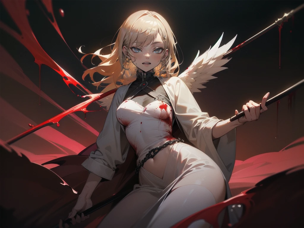 .(Highest quality,4K,High resolution,masterpiece:1.2),Very detailed,Realistic:1.37,Spooky altar background,Dark fantasy,Red color scheme,Ominous atmosphere,Eye-catching,Storytelling,anatomy,Anime Style,Concept Art,beautiful細部までこだわった顔と (((Red eyes ))),A terrifying ritual ,Satanic Ritual,Premature death,inappropriate behavior,クレイジーなsmile,Scythe Face,Girl Monster, beautiful, Delicate facial features, Sharp Eye, Sharp Fangs, pale skin, Thick chain, Dark Background, Cinema Lighting, Dramatic Shadows, Gothic style, Gloomy atmosphere, Dark fantasy, One Girl, Please open your mouth wide, Open your mouth and baring your teeth,Sharp teeth like a beast, Wide lips, very wide mouth, Vermilion cheeks, ,(Blood splatter:1.4),Scary smile, smile,Angel Design, Twisted smile、Bloody、bleeding from the head,,,,,、Blood splatter、,(Blood splatter:1.4),skull,Horrorスタイル, ((Fantasy Sweet Ta Frill Pink Costume)), ((Flowing blonde hair)), ,(Blood splatter:1.4),Female curves, Sexy flat stomach, Perfect hands, Perfect anime face, (Pink Tata Dress)), Are standing, ((邪悪なsmile)), ,(Blood splatter:1.4), Steam circulates, Moonlight Illumination, night lighting, (Blood splatter:1.6),アニメAngel Design, Twisted smile、Bloody、bleeding from the head,,,,,、Blood splatter、,(Blood splatter:1.4), skull,Gothic architecture、Western architecture、Fantasy World、,Victorian cities, Skeleton Gas Light,Absurd, High resolution、 ((Tabletop)), ((Highest quality)), (Very detailedな), ((Very detailed)), (beautiful), ((pretty girl)), (NFSW:1.8), alone,(10 years old:1.6)、(world&#39;The most terrifying and creepy demon :1.5)beautiful face、Whole Body Ezbian、pale, beautiful肌、beautiful金の髪、Smiling Kindly、Dark building ruins、(snow white&#39;Frill dress:1.3)、(The dark ruins are stained with blood:1.3)、Low angle full body shot、(少女は血の海の中にAre standing:1.5)、(The ground is full of blood:1.3)、(The  lost a lot of blood...:1.3)、(クレイジーなsmile:1.6)、Spirits、(Blood dripping from the mouth:1.3)、Neo-goth style, Wearing a black dress and a white collar, Wearing a black hat、wearing heavy makeup, Standing in a mystical garden surrounded by vines. The garden is full of deep purple flowers.、背景のGothic architecture。. &#39;The hair is golden、、A red rose is pinned to the side。. Her eyes are sharp、It&#39;Like being stabbed., Thick black eyeliner and long lashes. 彼女は顔色がpale.、Her lips are bright red.. The atmosphere is gloomy and eerie, with dim lighting casting long shadows. This piece combines digital illustration and photography..., outcome、驚くほどHigh resolutionの画像が生まれました. Most of the colors are dark、I&#39;Calm, Deep reds and purples create a dark beauty.. The style is neo-Gothic., Horror, Portrait Photography, Create unique and compelling visual experiences.Dark Imagery
