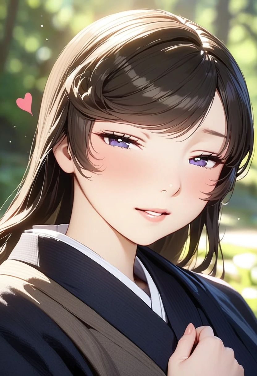 ((Top quality, 8K, masterpiece: 1.3)), Clear focus: 1.2, (Super beautiful face: 1.0), (Smooth skin: 1.0), Realistic photos, Black Hair, Realistic students, Movie Lighting, Rich details on the eyes and face, Movie Lighting,  (Cowboy shooting: 1.0),  (kimono, besides, Heart: 1.15),　(Korean cute actress), In nature, classic kimono,