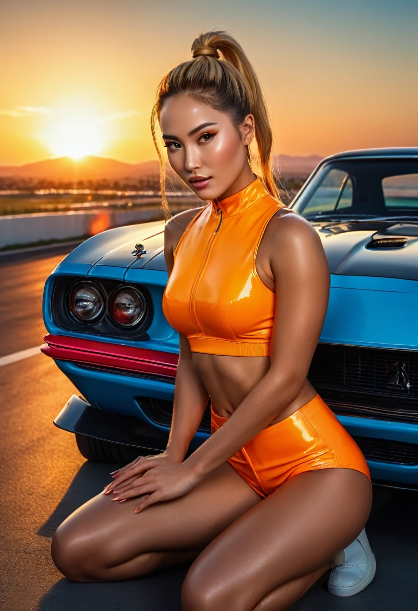 (Christina Chong beautiful face, narrowed eyes. smirk. black braided hair,) wearing (tight, fitted, snug) high cut latex booty shorts and cropped shirts stands between two (powerful, sleek) sitting on hood of Muscle Cars to start a race, engine roaring, in the backdrop of a vibrant Sunset. (Best quality, 4k, highres, masterpiece:1.2), ultra-detailed, (realistic, photorealistic, photo-realistic:1.37) prompt, with (HDR, UHD) quality and (studio lighting, sharp focus), high ponytail, copper-blonde hair, large breasts, bright light, perfect eyes, skin blemish, detailed skin, full person, blacklight makeup,ambr1
