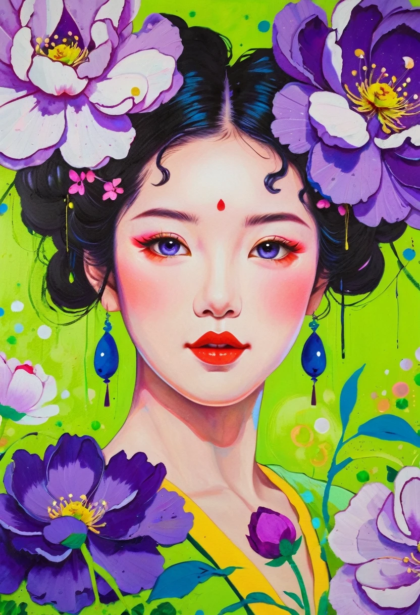 A painting：(((Colorful black，Chalk painting，Oil stick painting，Volume，Thick coating，Uneven texture，Plaster texture，Graffiti)))。Colorful black，Portrait of a beautiful girl under a peony flower， Bright colors, Purple和, cute的, Bright colors，cute, Lavender Color and Color Schemes, 和Purple的配色方案,  Beautiful Art,  Purple, Whimsical Art, 和Purple色调, Lime and Violet, Close together,, spring, Inspired by Tomokazu Matsuyama, Delightful