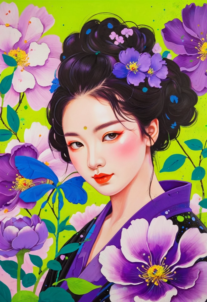 A painting：(((Colorful black，Chalk painting，Oil stick painting，Volume，Thick coating，Uneven texture，Plaster texture，Graffiti)))。Colorful black，Portrait of a beautiful girl under a peony flower， Bright colors, Purple和, cute的, Bright colors，cute, Lavender Color and Color Schemes, 和Purple的配色方案,  Beautiful Art,  Purple, Whimsical Art, 和Purple色调, Lime and Violet, Close together,, spring, Inspired by Tomokazu Matsuyama, Delightful