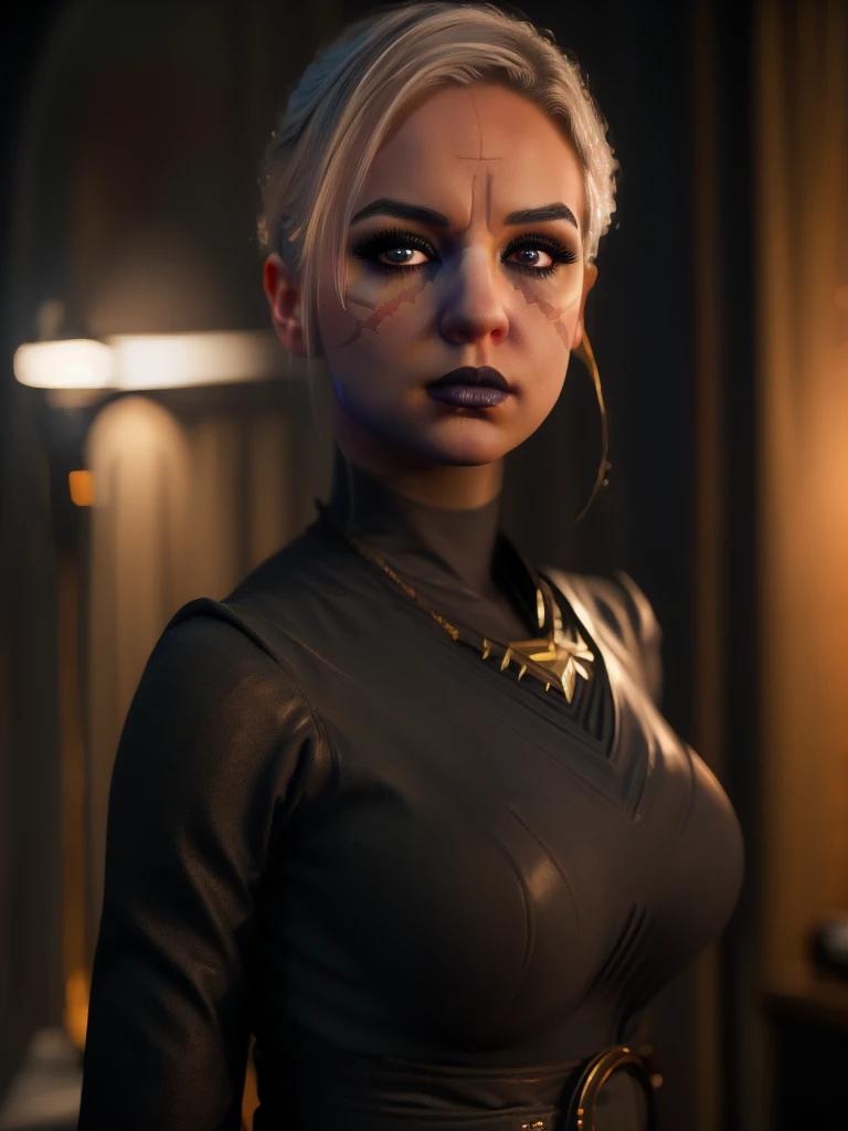 NightsisterMerrin, 1girl, realistic, highly detailed, dynamic lighting, 8k, science fiction, looking at viewer, pale skin, detailed eyes, detailed lips, long eyelashes, cinematic, dramatic, moody, ambient lighting, dark fantasy, chiaroscuro, cinematic composition, volumetric lighting, depth of field, masterpiece, photorealistic