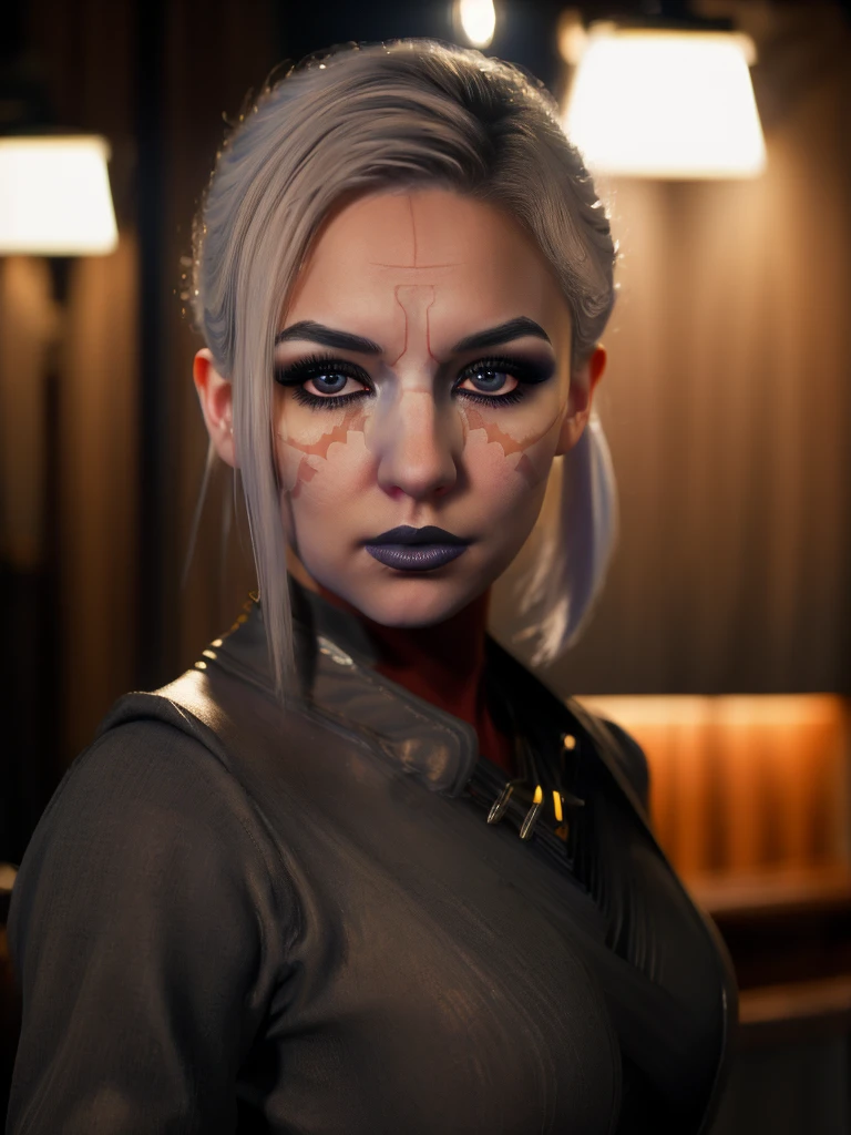 NightsisterMerrin, 1girl, realistic, highly detailed, dynamic lighting, 8k, science fiction, looking at viewer, pale skin, detailed eyes, detailed lips, long eyelashes, cinematic, dramatic, moody, ambient lighting, dark fantasy, chiaroscuro, cinematic composition, volumetric lighting, depth of field, masterpiece, photorealistic