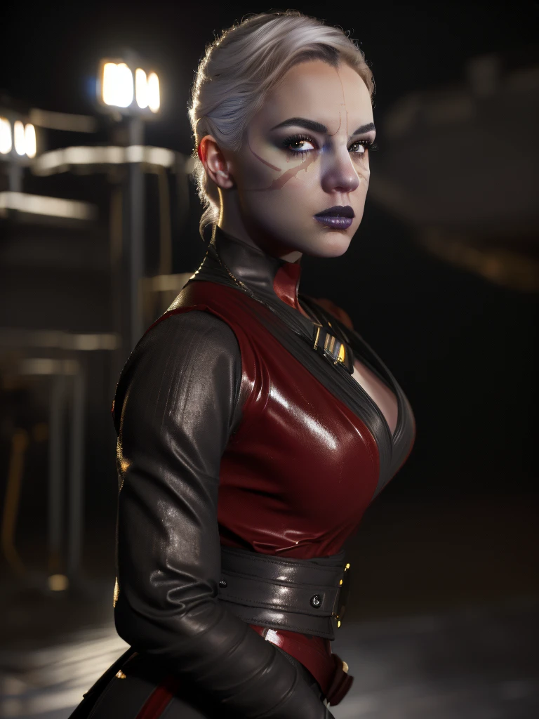 a realistic,1girl,highly detailed,sci-fi portrait of NightsisterMerrin,pale skin,looking at viewer,(best quality,8k,dynamic lighting,masterpiece:1.2),ultra-detailed,(realistic,photorealistic,photo-realistic:1.37),cinematic lighting,dramatic shadows,glowing eyes,intricate costume details,striking pose,volumetric lighting