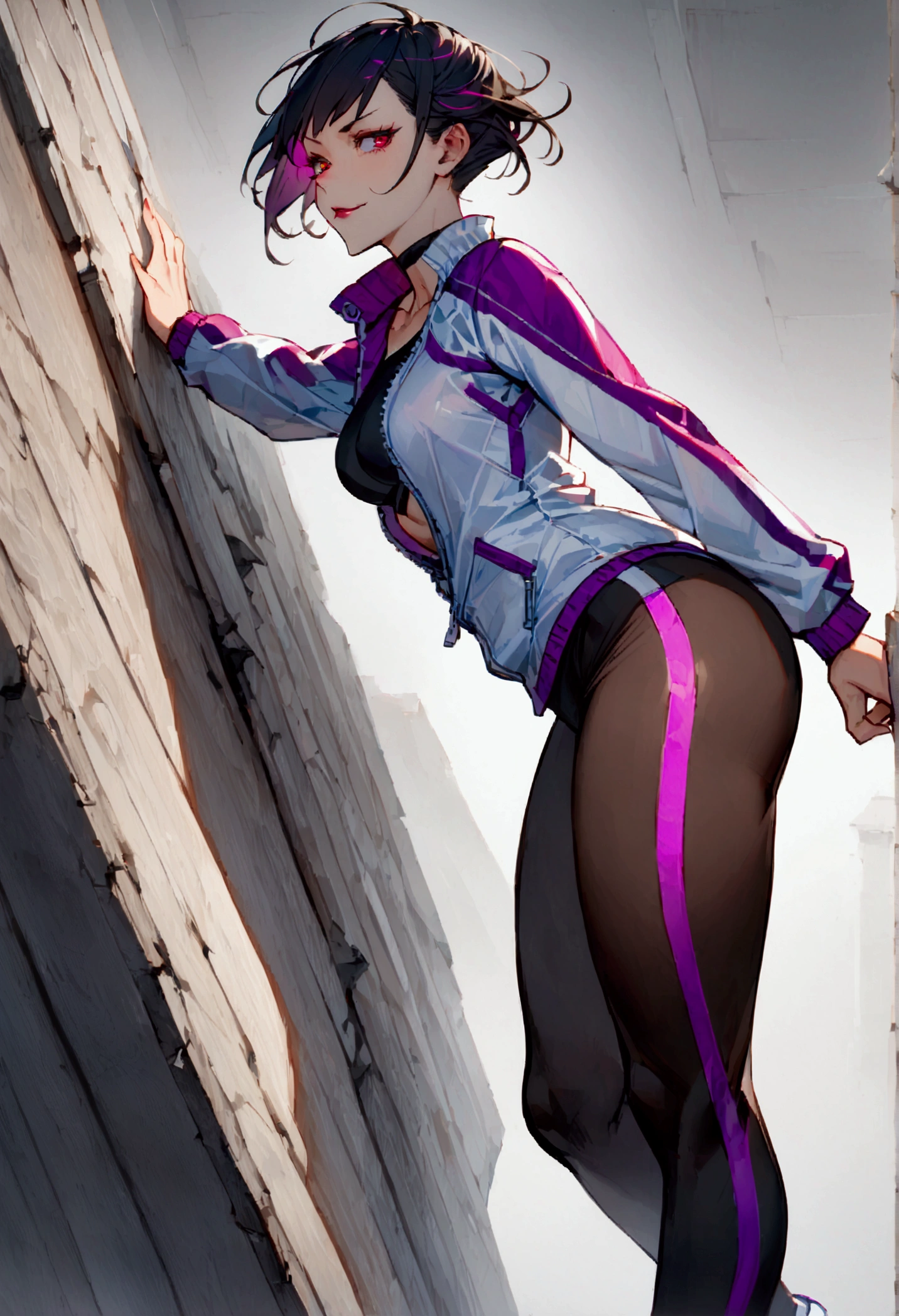 standing,alone,leaning against a broken wall,short hair,work of art,face detailed,beautiful young fitness woman with , in a gym wearing May with black pantyhose, white and purple tight short gym jacket. standing alone,red eyes glowing,Evil smile,legging preto ,labiaa,dark eye shadow,shining eyes,a hand leaning against the wall,neckleace,jacket zipper half open,Tight black shirt,white sports tennis shoes,short hair with purple details,beautiful curves,whole body,hair with purple details,labiaa,detailed face and eyes,work of art,sexy look,pefil from sideways,from sideways,wind in your hair,fully body,glasses on eyes
