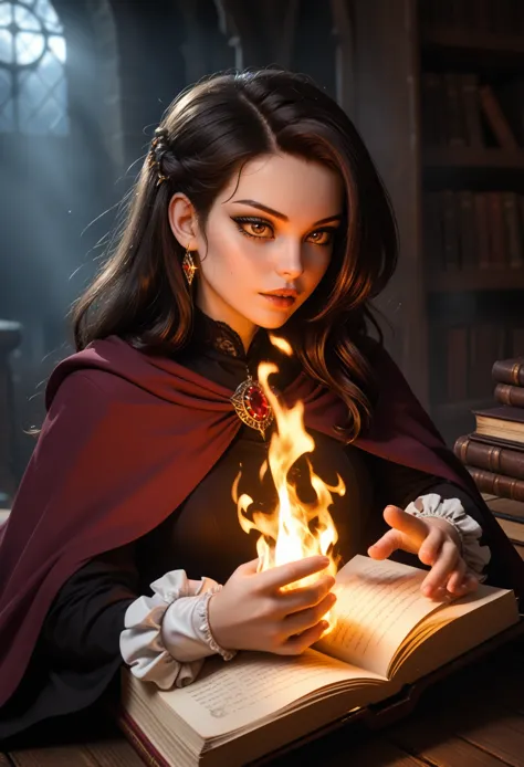 chillblaze, girl 1, witch, conjures, a book in his hand, small kattelok, fire is burning, bright colors, clear drawing of detail...