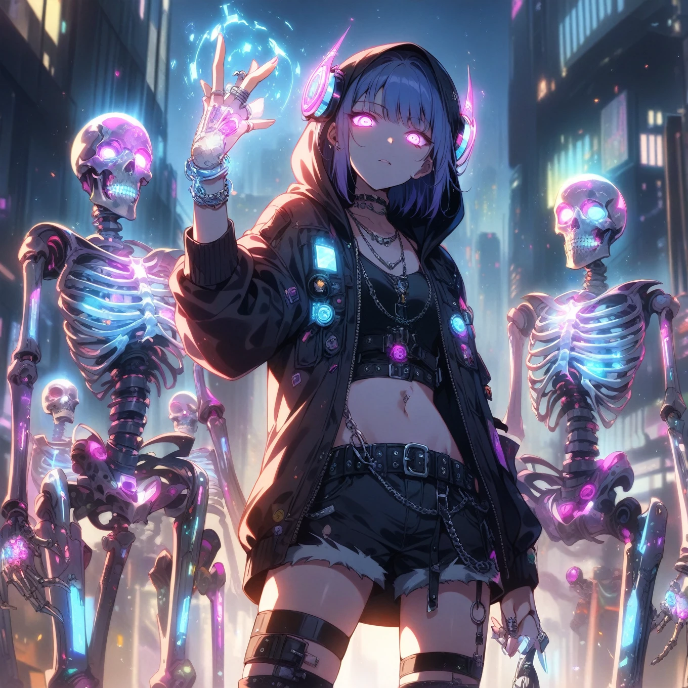 score_9_up, score_9, score_8_up, score_7_up, source_anime,masterpiece, best quality, high resolution, extremely detailed CG, absurdres, highres,In the cyberpunk city, several glowing mechanical skeletons are standing in front of a young girl. The girl, dressed in a punk-inspired outfit with a hooded jacket and neon headphones, raises her tattooed right hand, which is wearing silver jewelry and a silver ring, and glows with a magical light, 1girl, glowing, shorts, hood, navel, jewelry, fingerless gloves, belt, midriff, gloves, glowing eyes, jacket, tattoo, short hair, skeleton, necklace