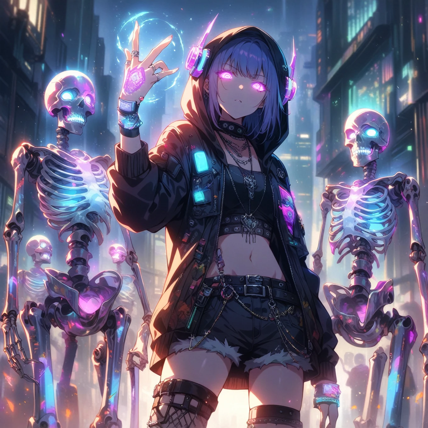 score_9_up, score_9, score_8_up, score_7_up, source_anime,masterpiece, best quality, high resolution, extremely detailed CG, absurdres, highres,In the cyberpunk city, several glowing mechanical skeletons are standing in front of a young girl. The girl, dressed in a punk-inspired outfit with a hooded jacket and neon headphones, raises her tattooed right hand, which is wearing silver jewelry and a silver ring, and glows with a magical light, 1girl, glowing, shorts, hood, navel, jewelry, fingerless gloves, belt, midriff, gloves, glowing eyes, jacket, tattoo, short hair, skeleton, necklace