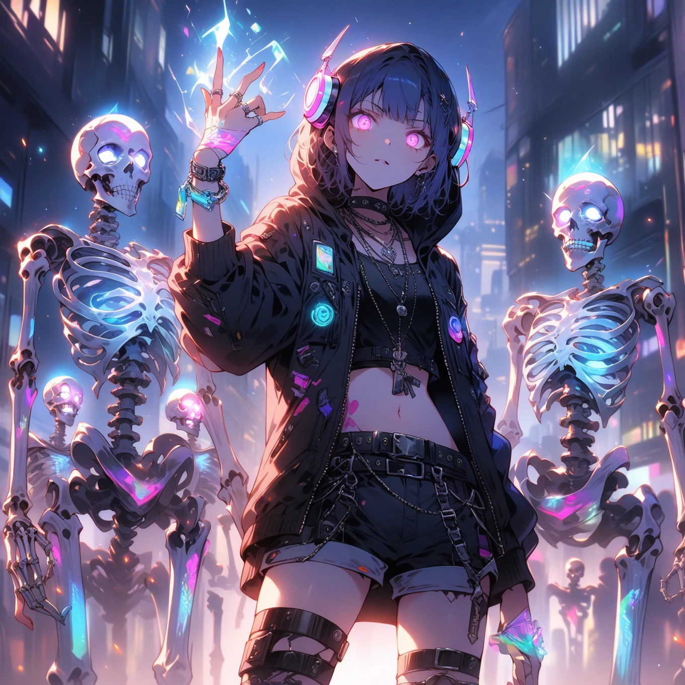 score_9_up, score_9, score_8_up, score_7_up, source_anime,masterpiece, best quality, high resolution, extremely detailed CG, absurdres, highres,In the cyberpunk city, several glowing mechanical skeletons are standing in front of a young girl. The girl, dressed in a punk-inspired outfit with a hooded jacket and neon headphones, raises her tattooed right hand, which is wearing silver jewelry and a silver ring, and glows with a magical light, 1girl, glowing, shorts, hood, navel, jewelry, fingerless gloves, belt, midriff, gloves, glowing eyes, jacket, tattoo, short hair, skeleton, necklace