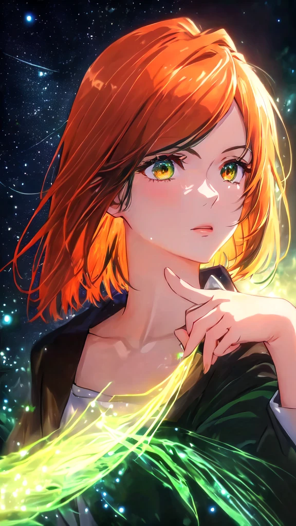 A girl with long hair and green eyes looking at the stars, Anime Art Wallpaper 4K, Anime Art Wallpaper 4K, Anime girl with orange straight short hair, Detailed digital anime art, anime art wallpaper 8 k, Anime Wallpaper 4K, Anime Wallpaper 4K, Green Halo, Beautiful anime portrait, 4k anime wallpaper,Orange glowing eyes, Anime style 4k