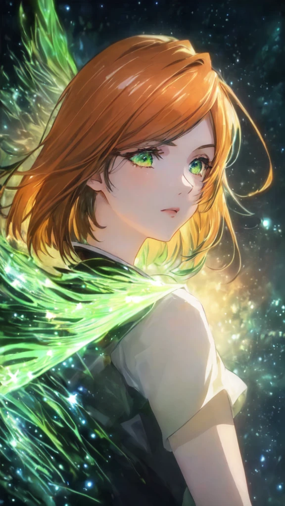 A girl with long hair and green eyes looking at the stars, Anime Art Wallpaper 4K, Anime Art Wallpaper 4K, Anime girl with orange straight short hair, Detailed digital anime art, anime art wallpaper 8 k, Anime Wallpaper 4K, Anime Wallpaper 4K, Green Halo, Beautiful anime portrait, 4k anime wallpaper,Orange glowing eyes, Anime style 4k