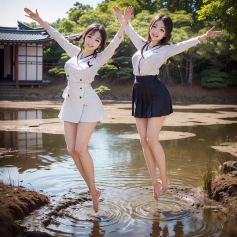 (((barefoot slender japanese girl on mud pond))), natural front lighting, ultra sharp focus,bright brown hair, large eyes with l...