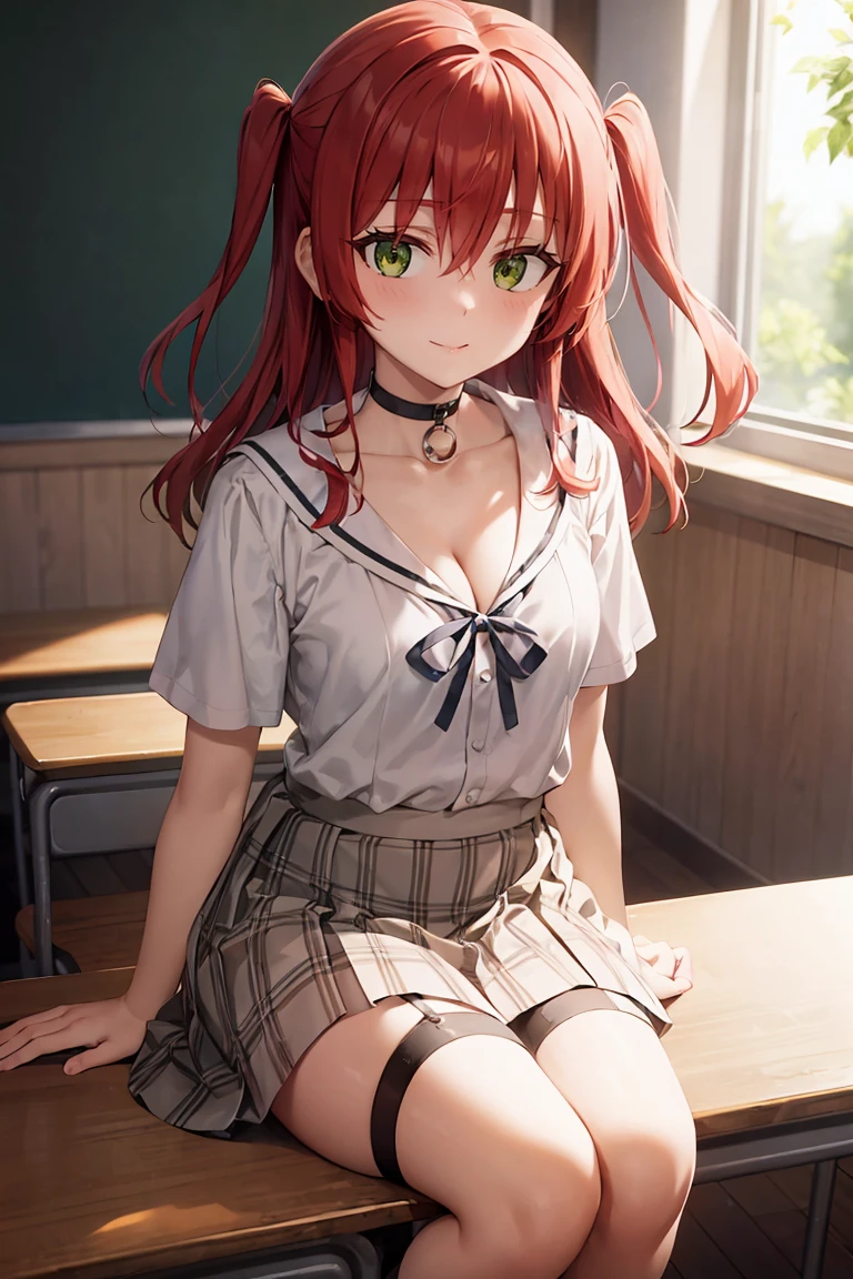 Red hair、Long Hair、bangs、Hair between the eyes、One side up、Green Eyes、smile、Medium chest, Cleavage, BREAK black choker, choker, Symbolism, Garter Straps, neck ribbon, Plaid, puffy Short sleeve, Puff sleeves, purple ribbon, Redhead, ribbon, school uniform, shirt, Short sleeve, skirt, Knee socks, white shirt, white skirt, BREAK Watch Viewers, Indoor rest, Classroom break (masterpiece:1.2), Perfect lighting, 