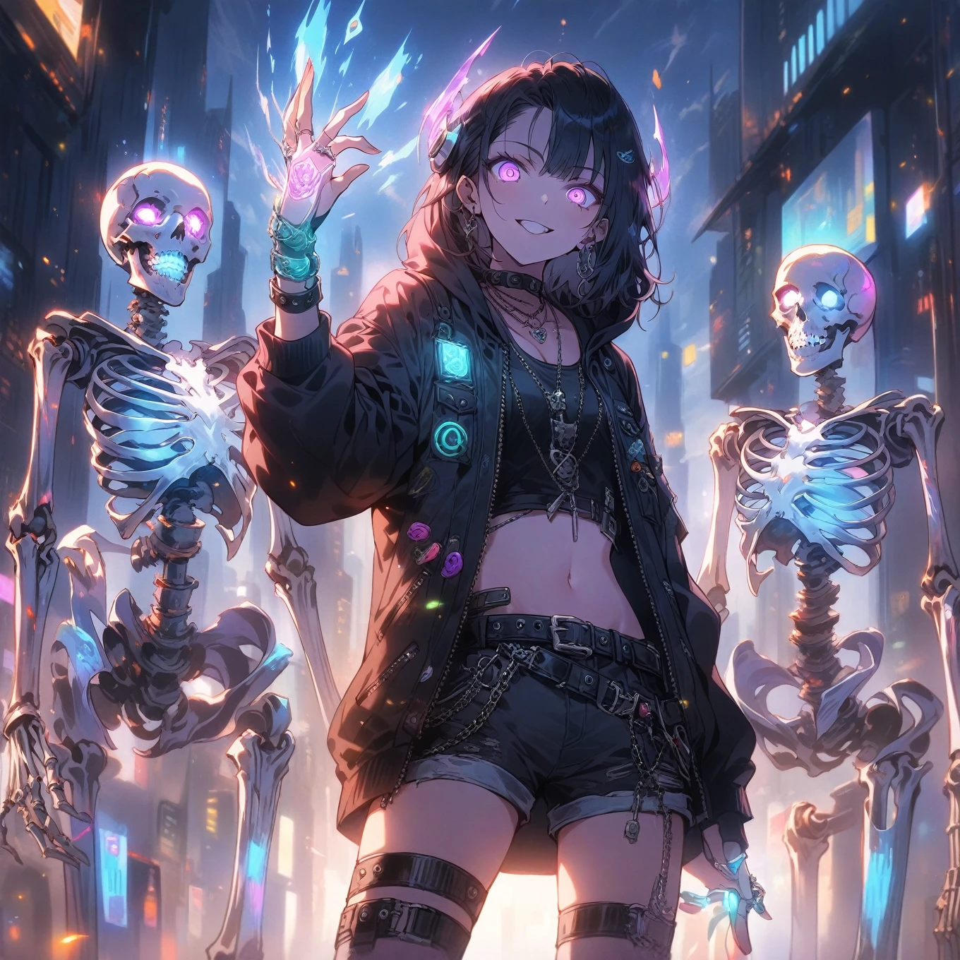 score_9_up, score_9, score_8_up, score_7_up, source_anime,masterpiece, best quality, high resolution, extremely detailed CG, absurdres, highres,In the cyberpunk city, several glowing mechanical skeletons are standing in front of a young girl. The girl, dressed in a punk-inspired outfit with a hooded jacket and neon headphones, raises her tattooed right hand, which is wearing silver jewelry and a silver ring, and glows with a magical light, 1girl, glowing, shorts, hood, navel, jewelry, fingerless gloves, belt, midriff, gloves, glowing eyes, jacket, tattoo, short hair, skeleton, necklace