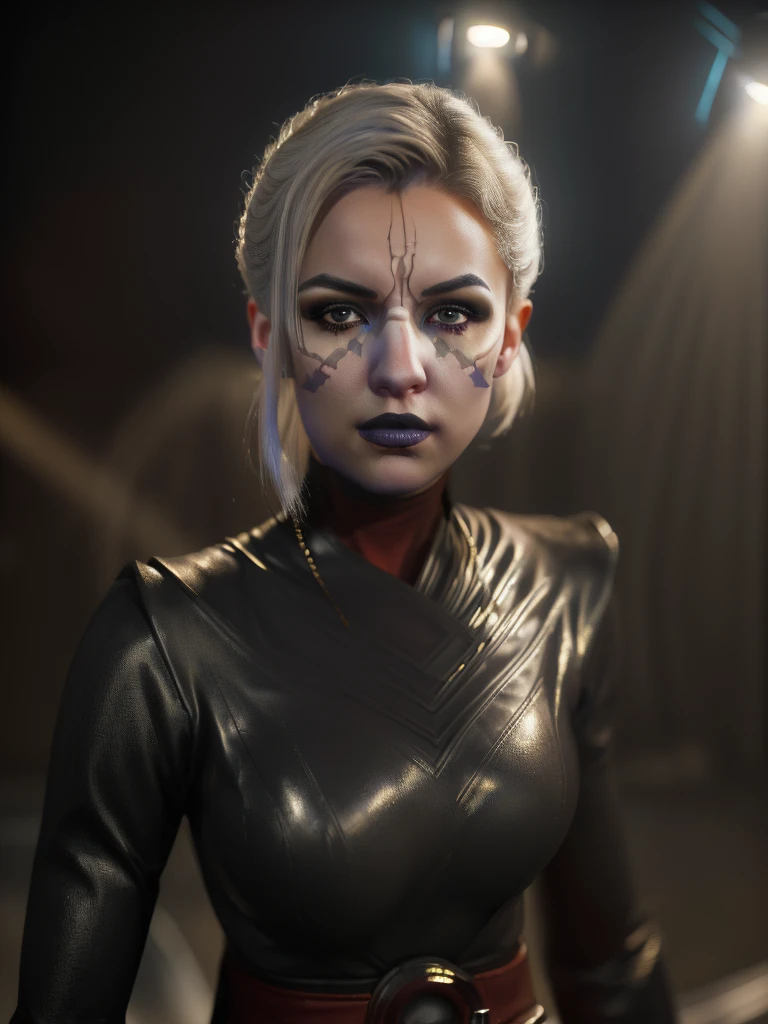 a realistic,1girl,highly detailed,sci-fi portrait of NightsisterMerrin,pale skin,looking at viewer,(best quality,8k,dynamic lighting,masterpiece:1.2),ultra-detailed,(realistic,photorealistic,photo-realistic:1.37),cinematic lighting,dramatic shadows,glowing eyes,intricate costume details,striking pose,volumetric lighting