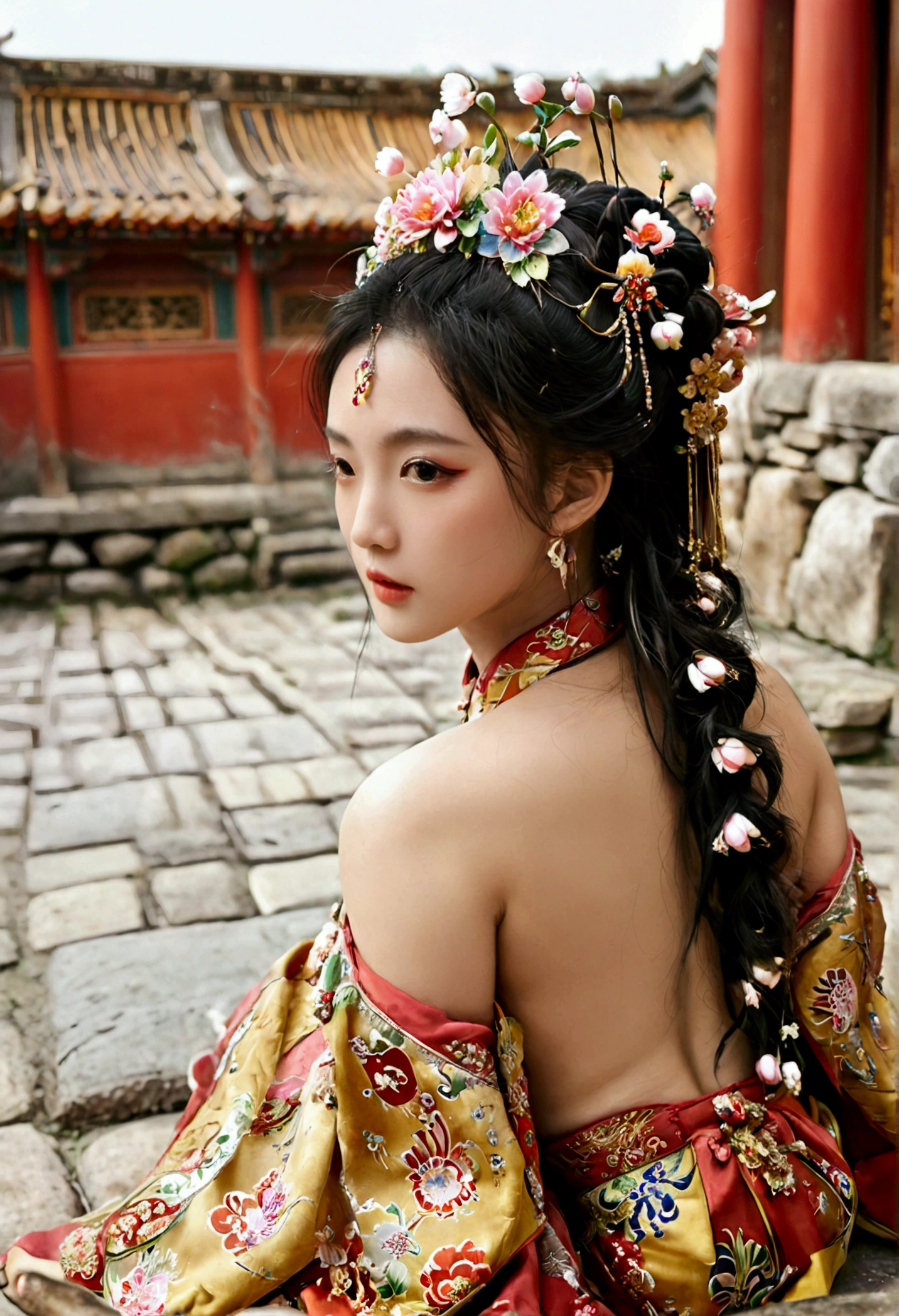 A woman seen from the front, bent over on the ground facing forward, legs spread apart, busty and naked, wearing a crown and showing her thighs and feet from below, in the Chinese imperial court of the Qing dynasty.。She is completely naked, showing off her gorgeous large flowers and hairpins, her hair tied up and pulled up, and the background is the stone paving of the Chinese palace of the Qing Dynasty.