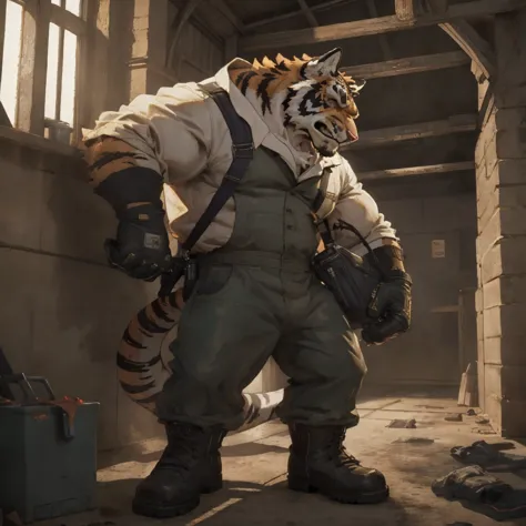 a furry personalization, worker tiger anthro, sweating, tiger wearing old and dirty construction clothes, tiger wearing dirty st...