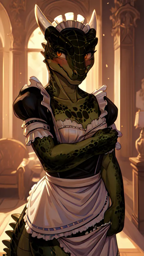 anime, hdr, soft light, ((best quality)), ((masterpiece)), (detailed), lustyargonian, maid, colored skin, green skin, maid headd...