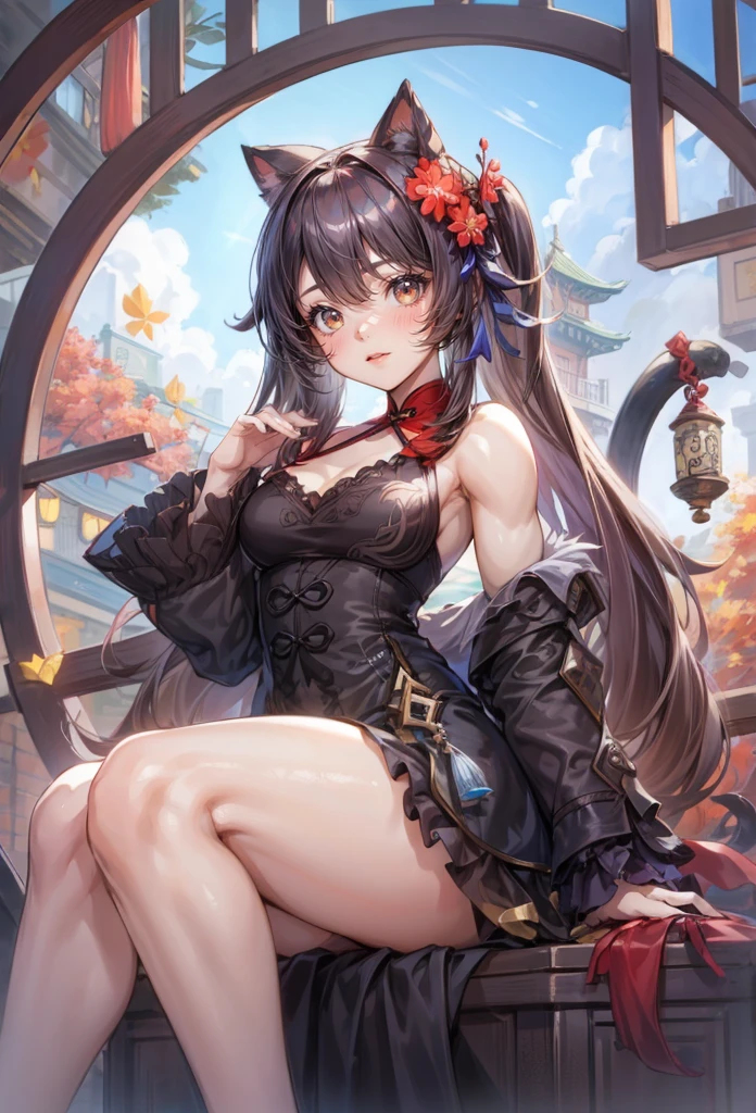 ,,1 ( girl), hu tao (genshin impact),Lolita fashion dress,cat girl, thick thighs,disheveled hair, (muscular female,), (alternate muscle size),biceps  ,,ripped muscle , hyper muscle ,muscular thighs,