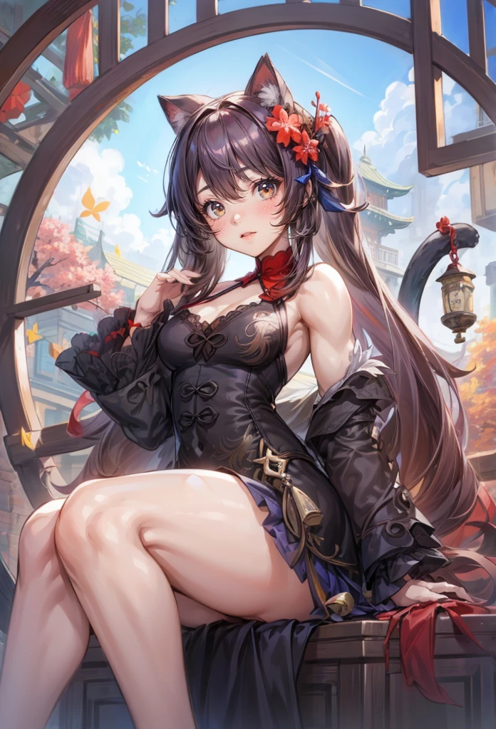 ,,1 ( girl), hu tao (genshin impact),Lolita fashion dress,cat girl, thick thighs,disheveled hair, (muscular female,), (alternate muscle size),biceps  ,,ripped muscle , hyper muscle ,muscular thighs,