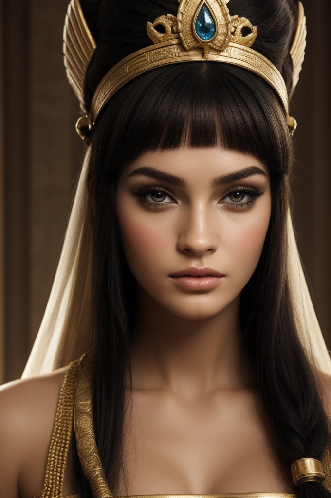 a close up of a woman wearing a gold crown and blue beads, egyptian art inspired by Lü Ji, trending on deviantart, digital art, cleopatra portrait, beautiful cleopatra, ancient libu princess, egyptian princess, egyptian, cleopatra, portrait of megan fox as a queen, portrait of cleopatra, egyptian makeup, egypt makeup, digital art picture, black emma watson as egyptian