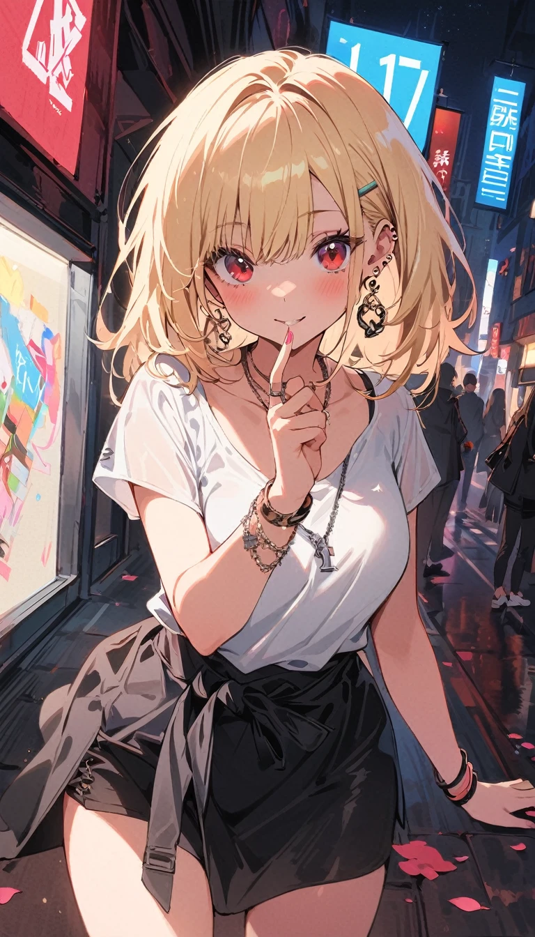 masterpiece, best quality, whole body, A girl, Long blond hair，Blue eyes, black necklace, blush, bracelet, Chest, necklace, clothes surrounding area waist, clavicle, Cowboy shooting, ear Earrings, Eyebrows visible through hair, fix, Jewelry, someone, Long blond hair, Viewer, Earrings, Red Eyes, ring, , High-end designer clothing，White top，Black hip skirt，solitary, street, Invalid, Cherry blossoms, petal,number, Fashionable, Miss, Full of energy, tracing, front, Colorful, Dynamic, background, element, Have confidence, Performance, Keep, statement, Accessories, majestic, curly, surrounding area, Touch, Scenes, cover, bold, attract attention, Touch, modern, trend, concentrated, Fashion,((masterpiece)), best quality, absurdists, Very detailed, holographic, Cowboy shooting, Golden Ratio, Very cute girl, aldult, very beautiful, super beautiful asian girl，Has super beautiful blue eyes, very beautiful white hair, Radiant Skin, High Ponytail, Beautiful sexy body, delicate, Perfect body, paw paws