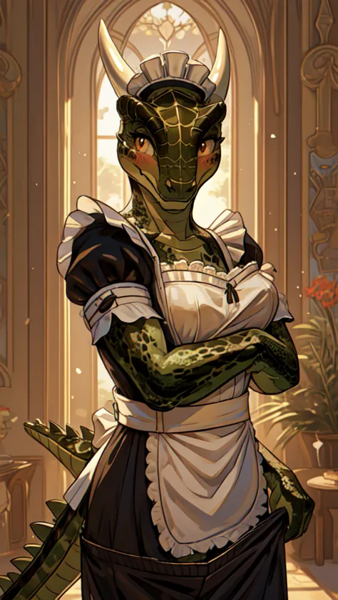 anime, hdr, soft light, ((best quality)), ((masterpiece)), (detailed), lustyargonian, maid, colored skin, green skin, maid headd...