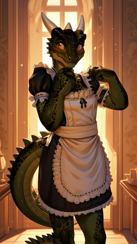 anime, hdr, soft light, ((best quality)), ((masterpiece)), (detailed), lustyargonian, maid, colored skin, green skin, tail, horn...