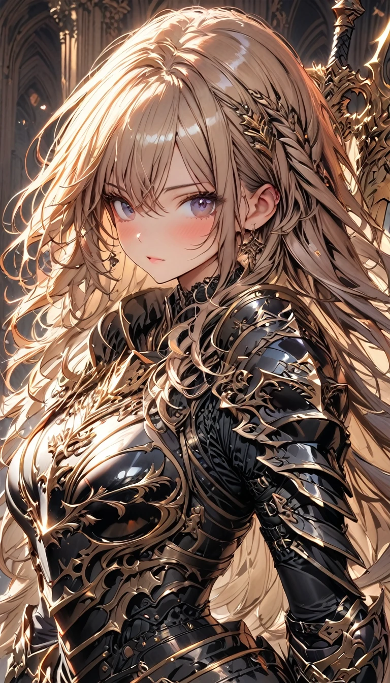 (best quality: 1.2, very detailed, high detail, ultra-high resolution, masterpiece: 1.2, 8k, top quality, best aesthetic, perfect lighting: 1.2, best shadow, high contrast, high color saturation), anatomically correct, perfect hands, fantasy, mysterious, gothic style, cinematic lighting, 
((full armored female knight: 1.5)), ((carry a spear in one's hand: 1.5)), ((black heavy armor: 1.4)), spear, helmet, gauntlet, 
long straight hair, (dark blown hair: 1.3), 
tall, long limbs, 
(cowboy shot: 1.3), (from below: 1.3), 
inside the castle, golden throne room, 
photographed from the front, deep depth of field, 