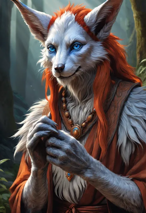 brian froud inspired anthropomorphic geriatric kitsune-satyr monk. red fur. old, wrinkled ancient, decrepit. crystal blue eyes. ...