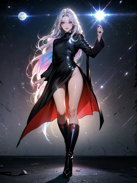 girl with long white hair down to her waist, with small red details, red eyes, long black dress with a leg slit, with red detail...