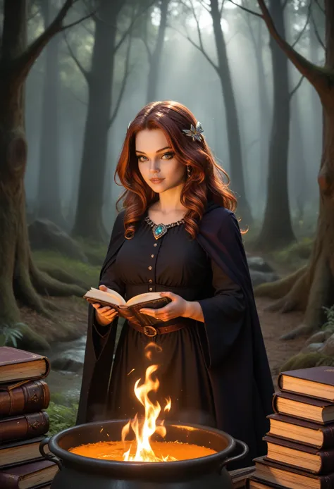 chillblaze, girl 1, witch, conjures, a book in his hand, a small cauldron is burning. fire, the forest, bright colors, clear dra...