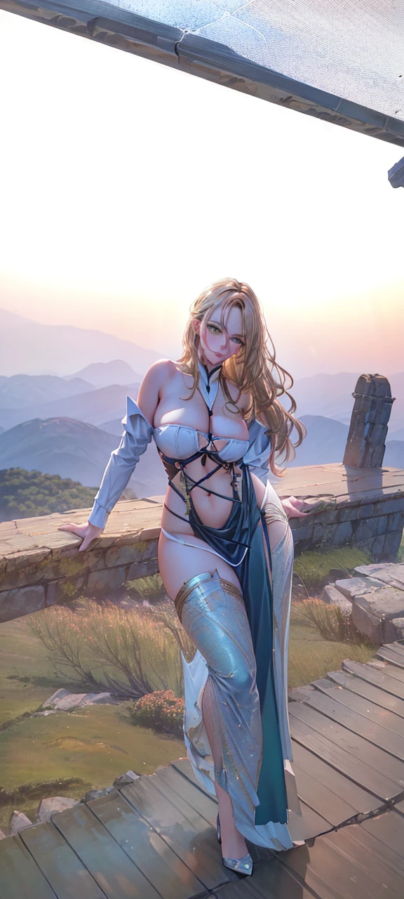 1girl, realistic, light hair, green eyes, glare eyes, top cropped, overskirt, half-open lips, blush, large breasts, large buttocks, sunset, mountain vista, cinematic lighting, dramatic lighting, dramatic atmosphere, vibrant colors, detailed background, highly detailed, photorealistic, 8k, high quality