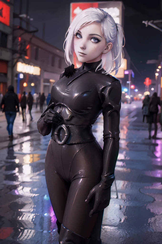 ((ultra detailed, masterpiece, best quality))
 StarMerrin, 1girl, solo, white hair, beneath the neon lights of a cyberpunk city, in a futuristic bodysuit, on a rain-soaked street