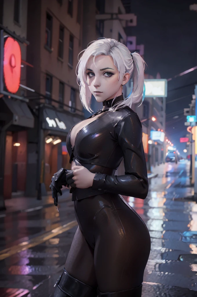 ((ultra detailed, masterpiece, best quality))
 StarMerrin, 1girl, solo, white hair, beneath the neon lights of a cyberpunk city, in a futuristic bodysuit, on a rain-soaked street