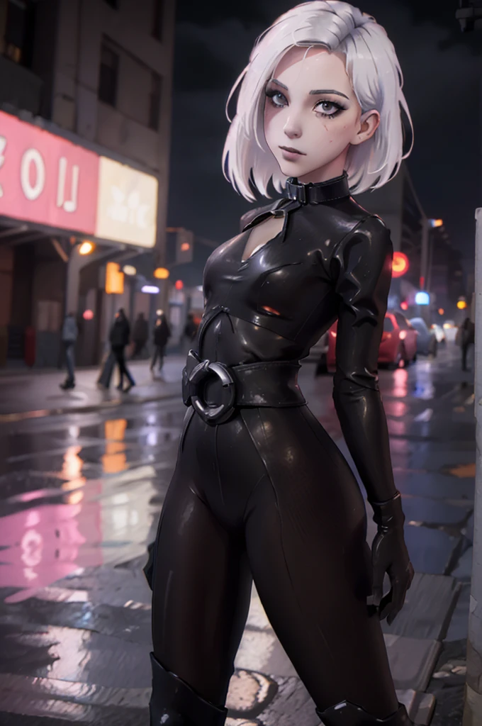 ((ultra detailed, masterpiece, best quality)) StarMerrin, wearing collar
 1girl, solo, white hair, beneath the neon lights of a cyberpunk city, in a futuristic bodysuit, on a rain-soaked street
