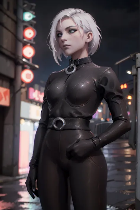 ((ultra detailed, masterpiece, best quality)) starmerrin, wearing collar
 1girl, solo, white hair, beneath the neon lights of a ...