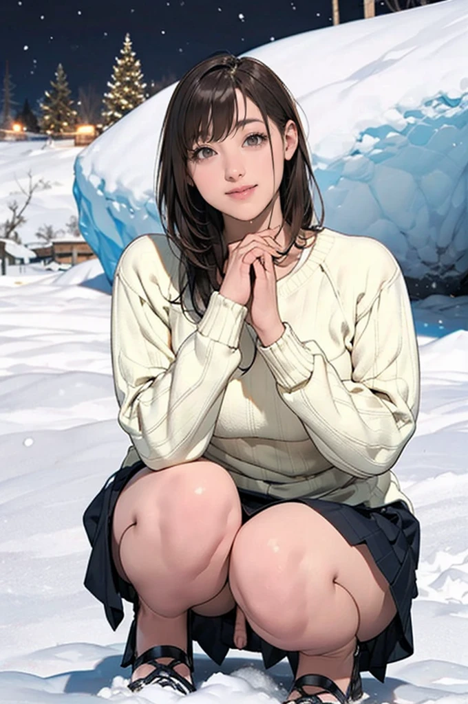 Snow cave in snow country, Sweater and skirt, wonderful, masterpiece, At night, Smiling cute, squat, Look straight ahead