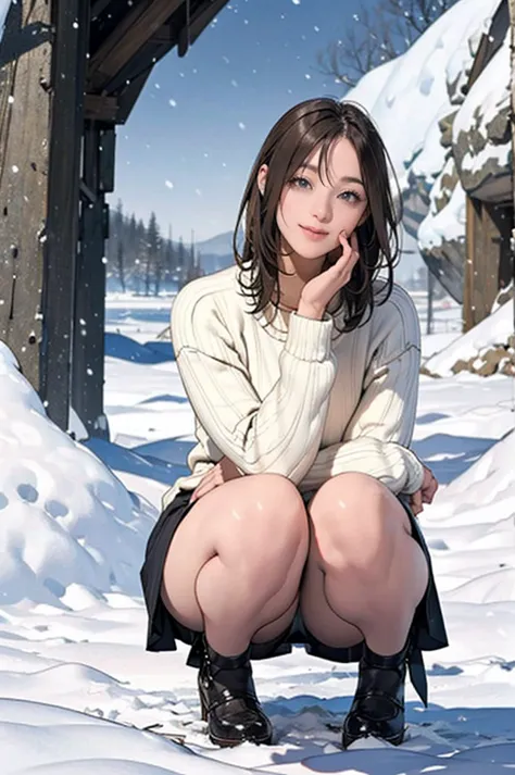 snow cave in snow country, sweater and skirt, wonderful, masterpiece, at night, smiling cute, squat, look straight ahead